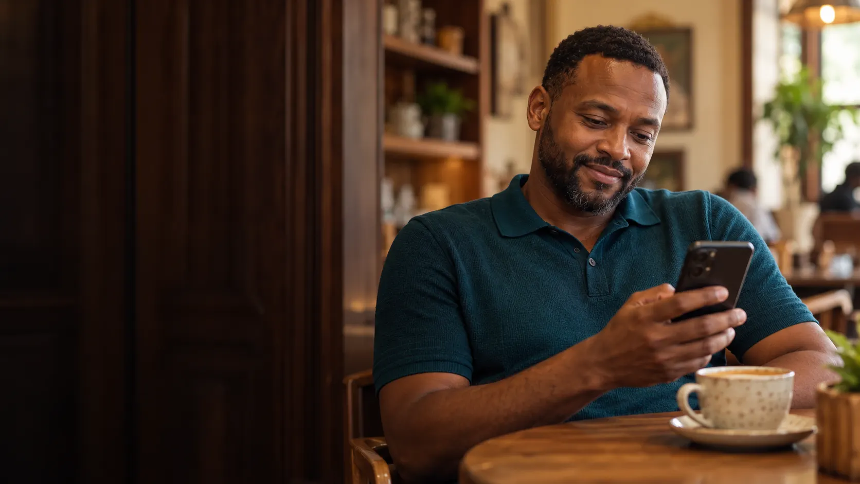 A man checks a payment on his phone in a tea room