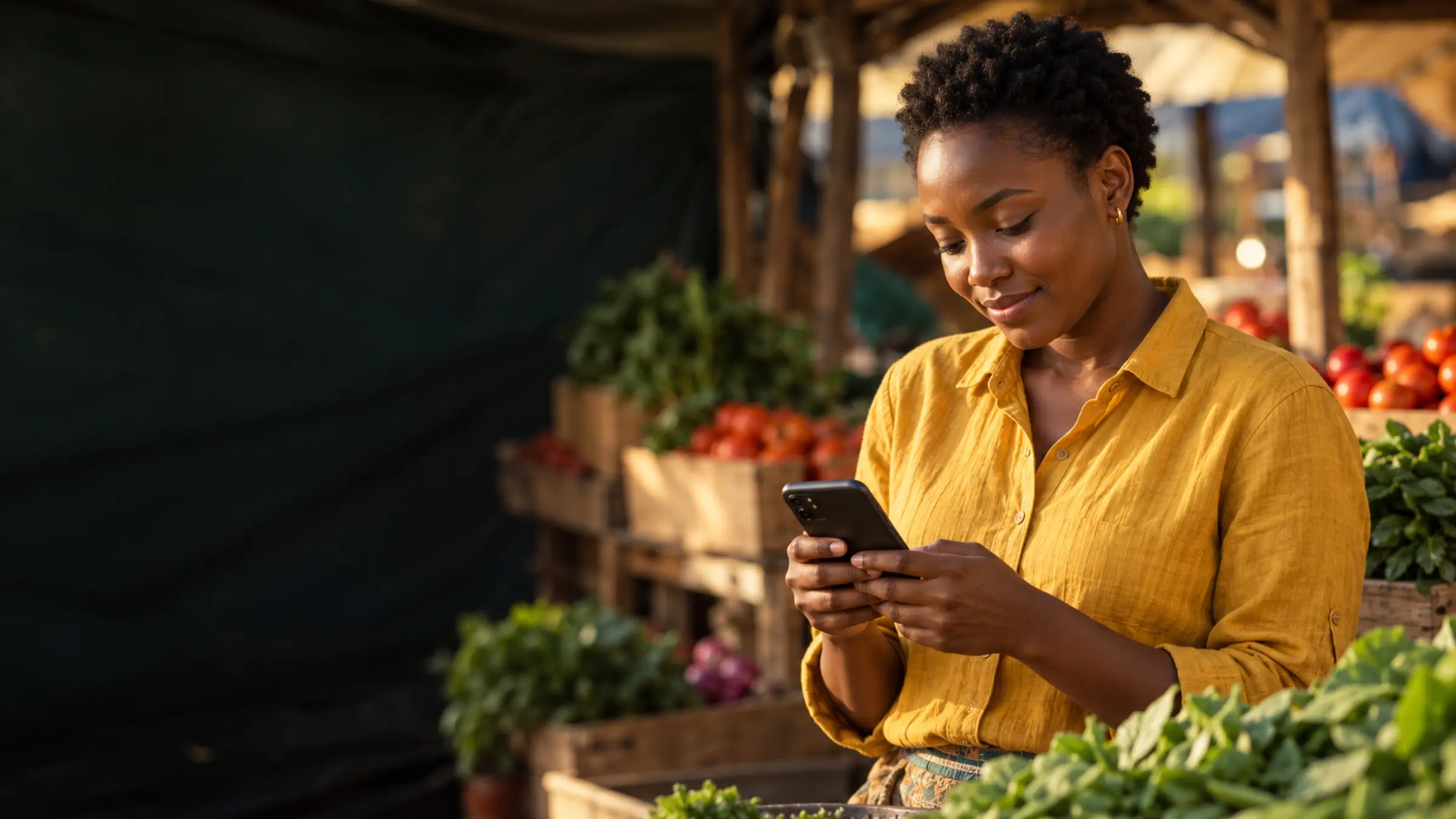A market stall owner checks a payment on her phone