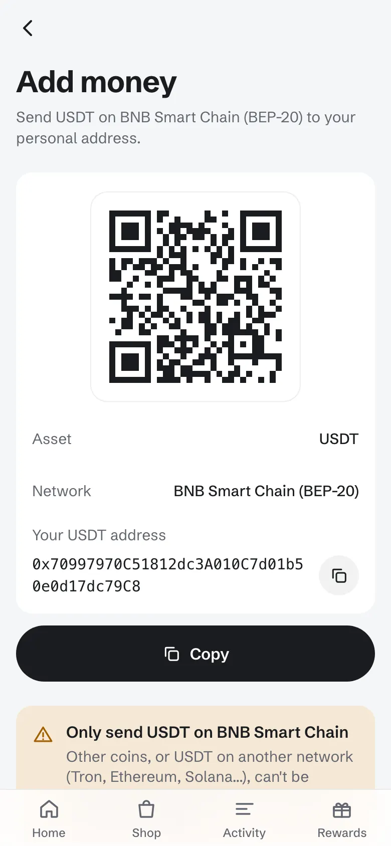 Dovo Add money screen for USDT on BNB Smart Chain