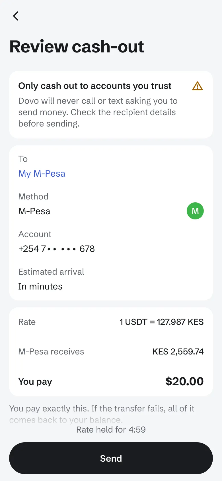 Dovo cash out review showing the rate and what M-Pesa receives