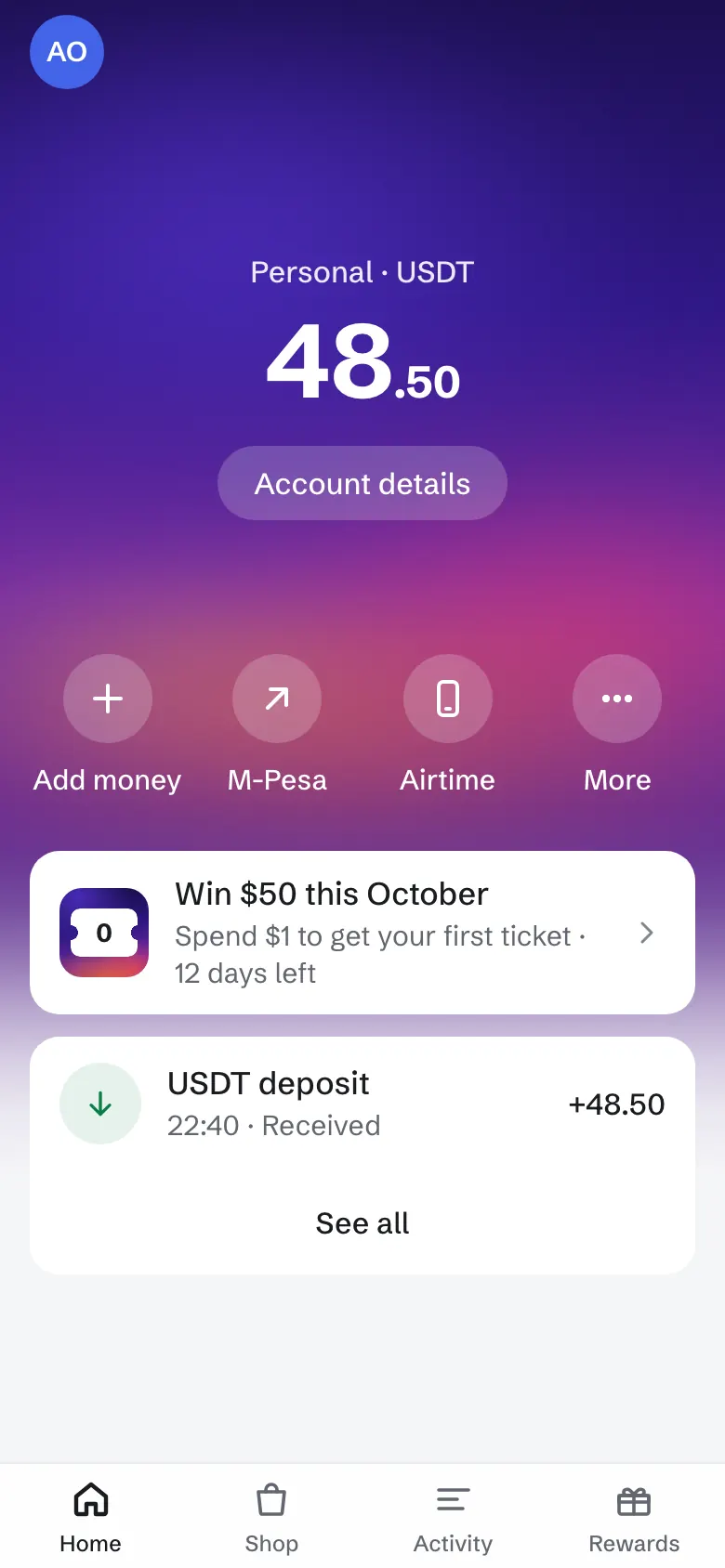 Dovo home screen with a USDT balance and the M-Pesa button