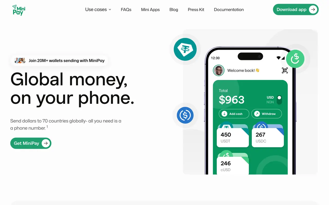MiniPay home page showing a wallet with USDT, USDC and cUSD