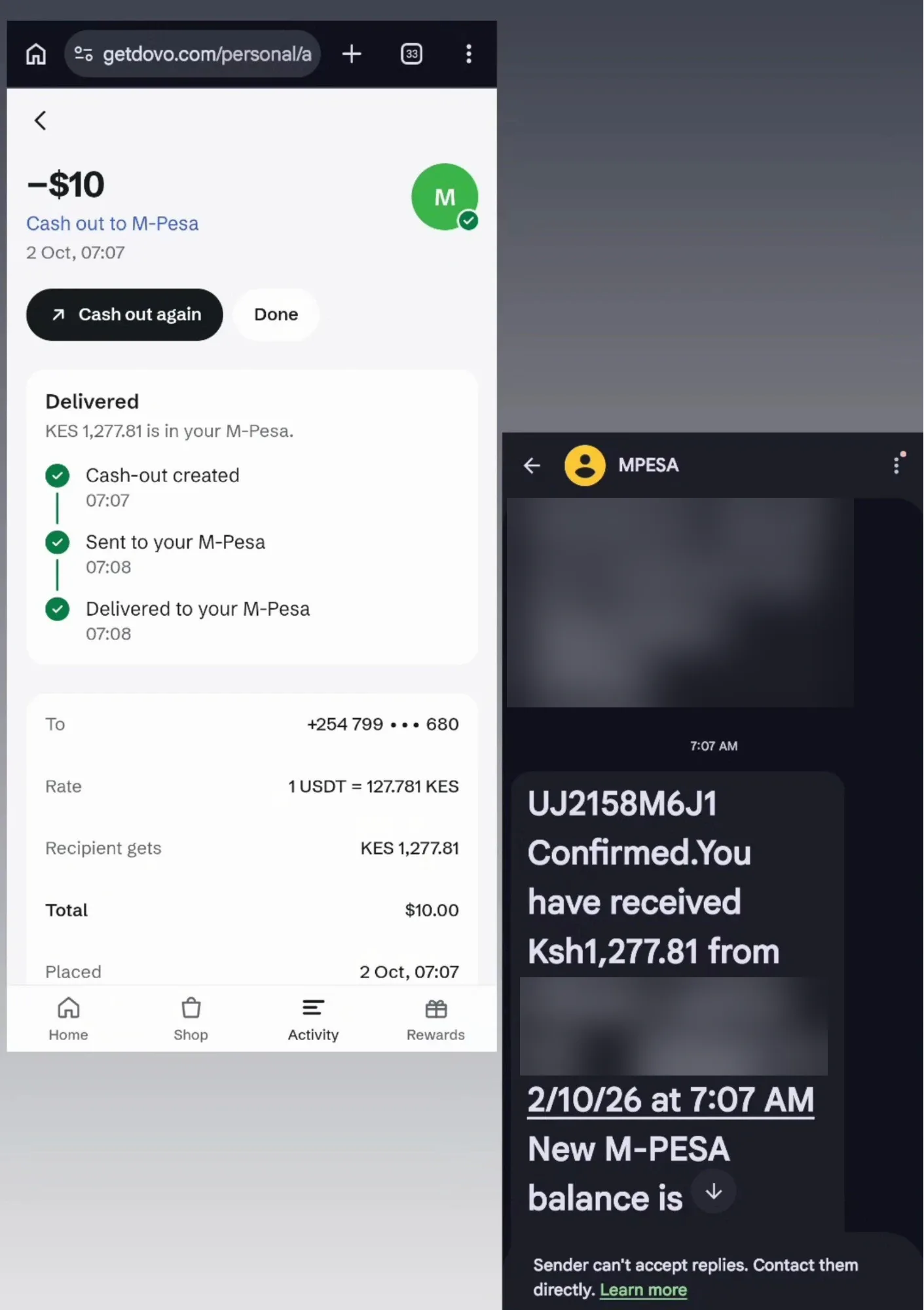 Dovo order screen for a $10 cash-out to M-Pesa marked Delivered, KES 1,277.81, next to the Safaricom M-PESA SMS confirming Ksh1,277.81 received on 2/10/26 at 7:07 AM