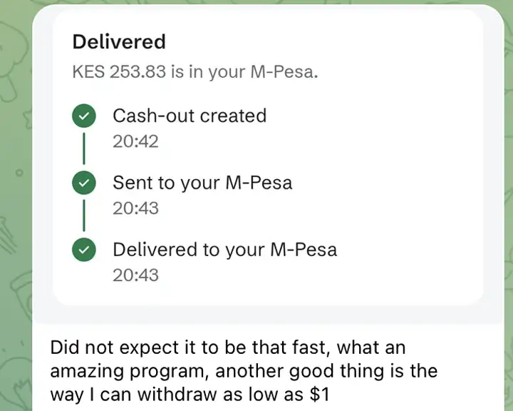 Dovo order status marked Delivered: KES 253.83 is in your M-Pesa, created 20:42, delivered 20:43